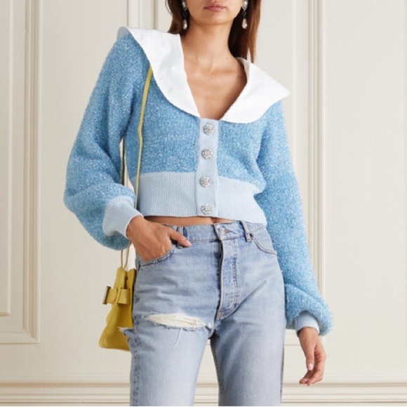 Ganni Cropped Blue Sparkle Wool Blend Knit Crystal Cardigan NWT - Picture 1 of 10